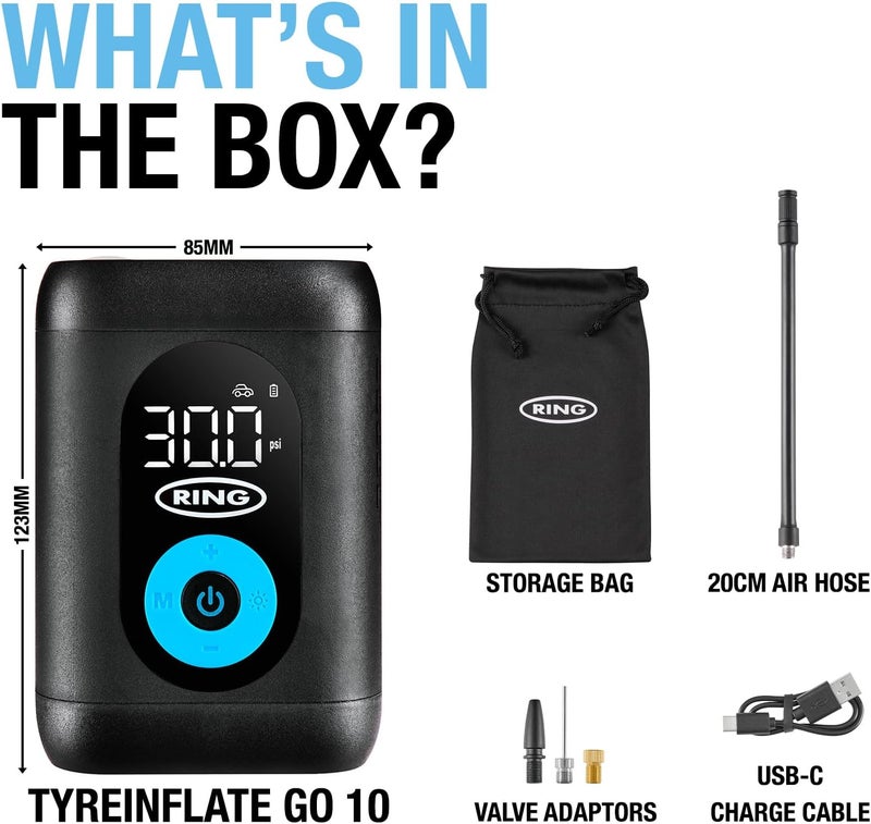 RING TYREINFLATE GO 10 Cordless Tyre Inflator with Adaptor Kit - Image 2