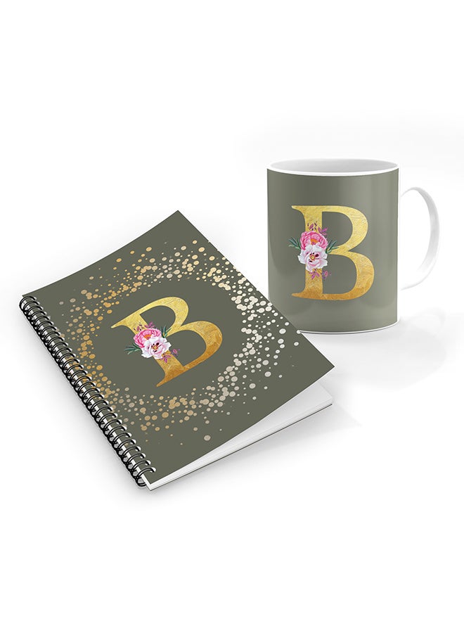 Stylizedd Printed Coffee Mug + A5 Spiral Notebook Memo Personalised Combo Gift Set Custom Monogram Initial Letter Floral Pattern Alphabet - B  (Olive Green )