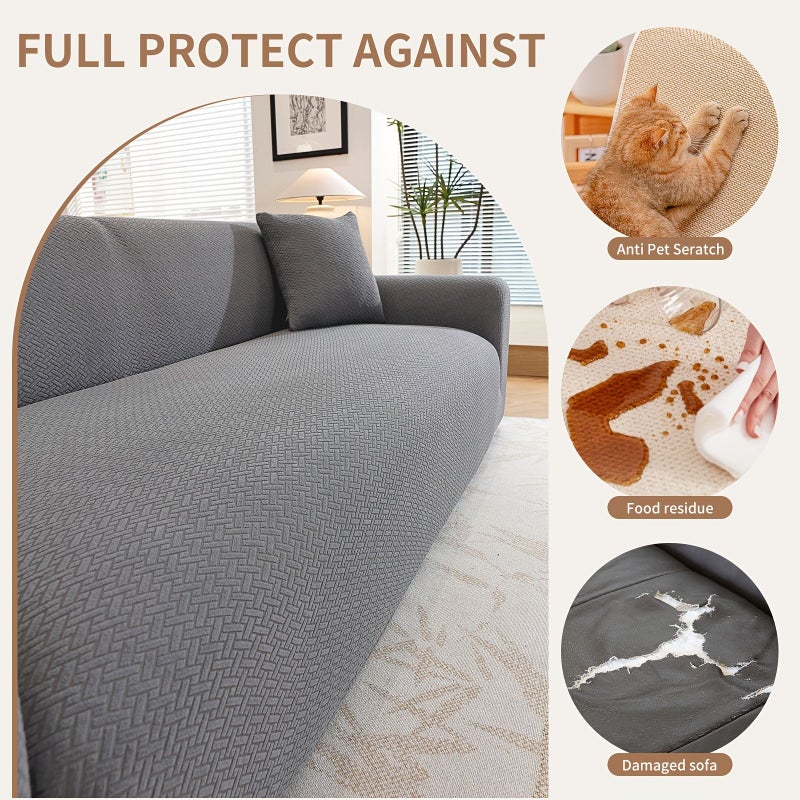 Dark Gray Three Seater Waterproof T Shaped Jacquard Sofa Cover Fully Elastic Non Slip Pet Friendly Universal Living Room Slipcover - Image 2