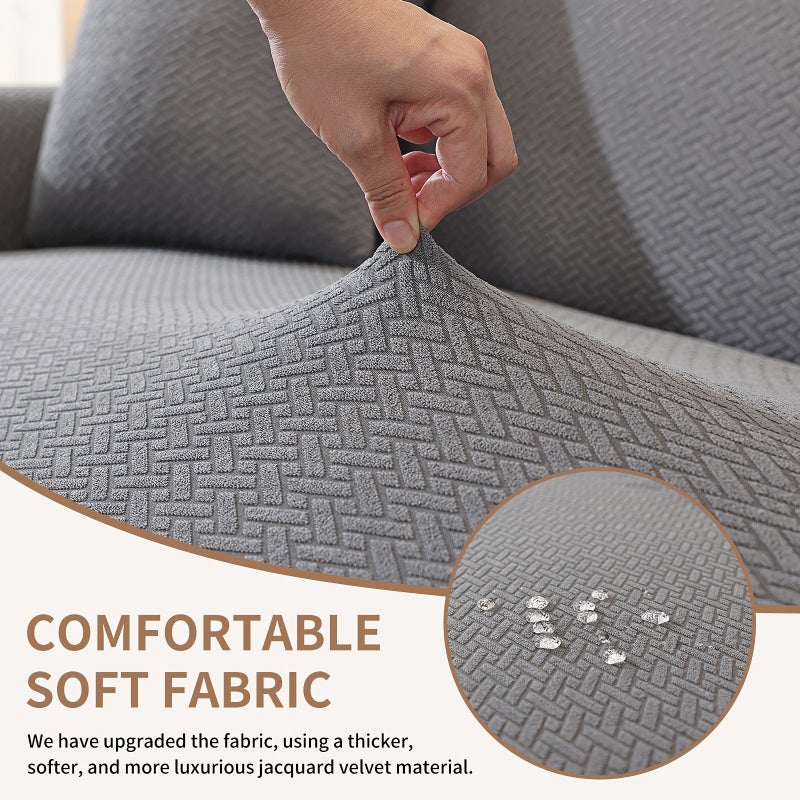 Dark Gray Three Seater Waterproof T Shaped Jacquard Sofa Cover Fully Elastic Non Slip Pet Friendly Universal Living Room Slipcover - Image 4