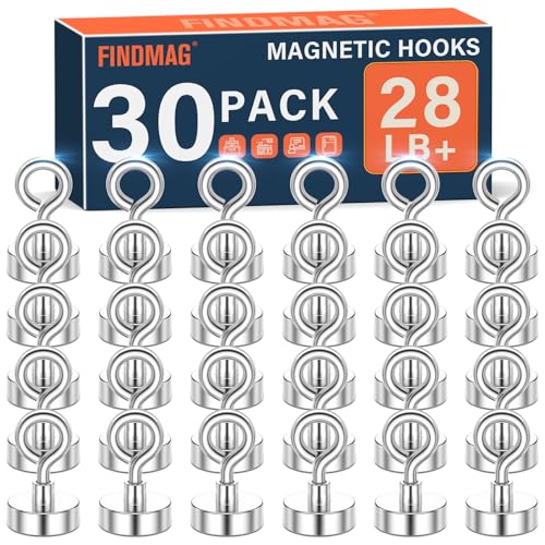FINDMAG Magnetic Hooks N52 Grade Magnets Heavy Duty with Hook Sheep Eye Magnetic Hooks for Cruise Locker Accessories Office School 28 lbs Pack of 30 - Image 1