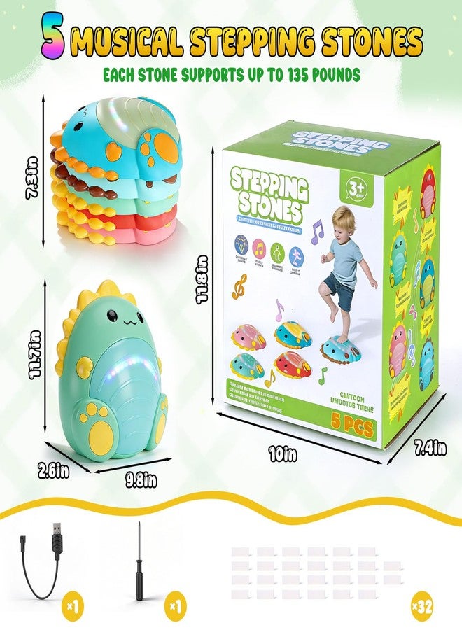 UMMNPR 5 Pack Light Up Stepping Stones for Kids, Upgraded Music Dinosaur Non-Slip Sensory Balance Stone Toys with 5 Rechargeable Batteries, Indoor Outdoor Toddler Ages 3+ Gifts, 5 Colors - Image 2