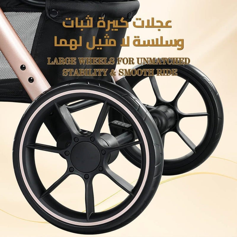 hibobi Large Baby Stroller with Reversible Handle, Foldable Pushchair for Toddler Travel, Shock-Absorbing Big Wheels, Extra Storage Basket, Adjustable Backrest and Sun Canopy - Image 5