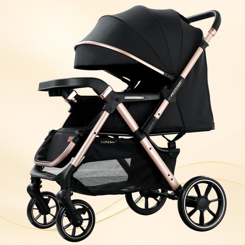 hibobi Large Baby Stroller with Reversible Handle, Foldable Pushchair for Toddler Travel, Shock-Absorbing Big Wheels, Extra Storage Basket, Adjustable Backrest and Sun Canopy - Image 1