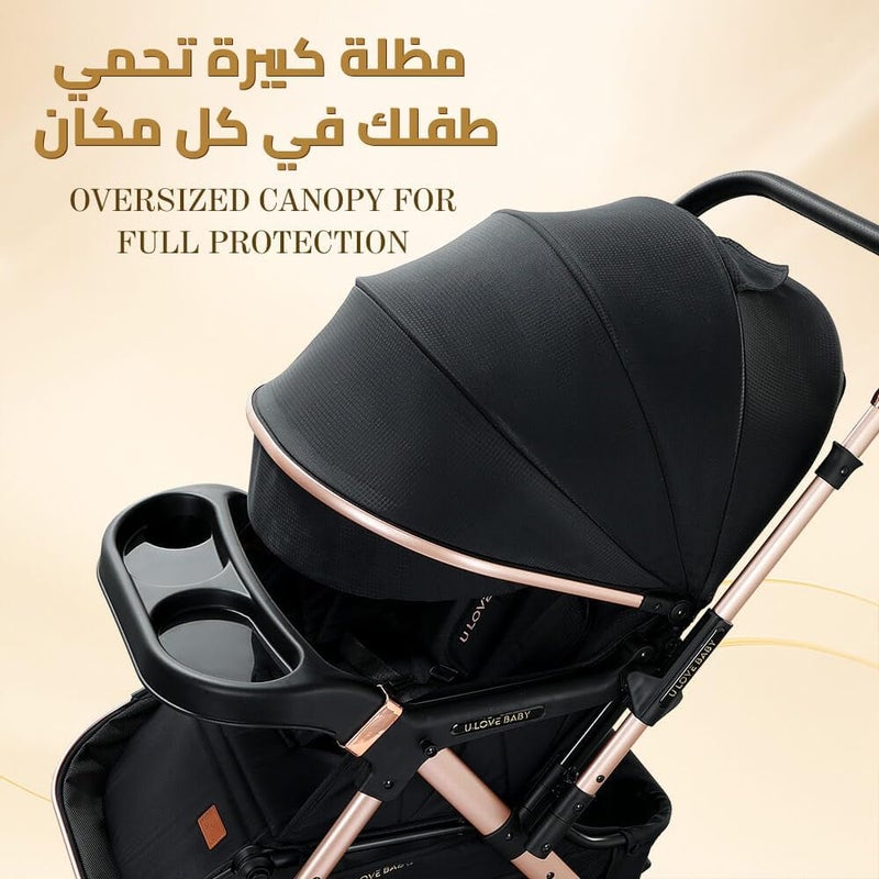 hibobi Large Baby Stroller with Reversible Handle, Foldable Pushchair for Toddler Travel, Shock-Absorbing Big Wheels, Extra Storage Basket, Adjustable Backrest and Sun Canopy - Image 4