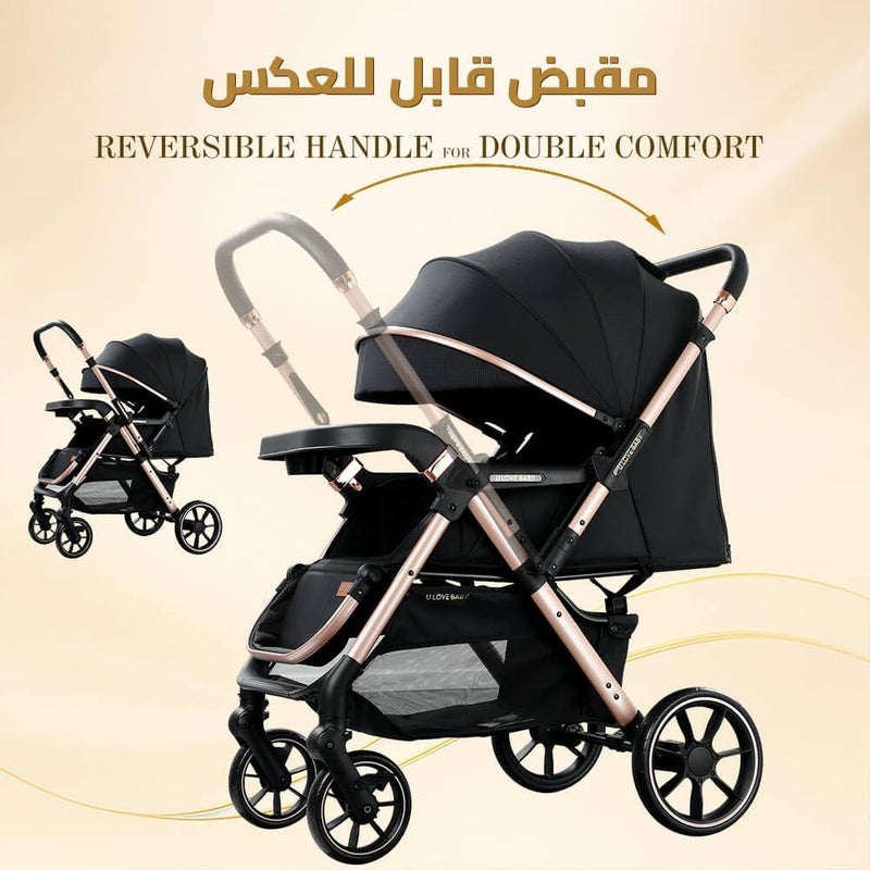 hibobi Large Baby Stroller with Reversible Handle, Foldable Pushchair for Toddler Travel, Shock-Absorbing Big Wheels, Extra Storage Basket, Adjustable Backrest and Sun Canopy - Image 2