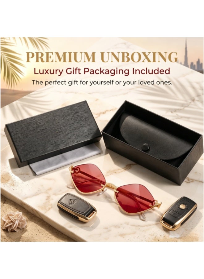 Chic Women Metal Small Frame Sunglasses, Half Frame Diamond Shape Fashion Eyewear, Comes with Glasses Storage Box, Versatile Shades for Street Outfits & Party Occasions - Image 1