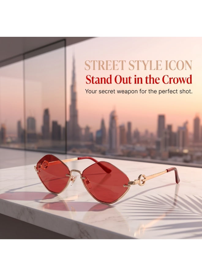 Chic Women Metal Small Frame Sunglasses, Half Frame Diamond Shape Fashion Eyewear, Comes with Glasses Storage Box, Versatile Shades for Street Outfits & Party Occasions - Image 3