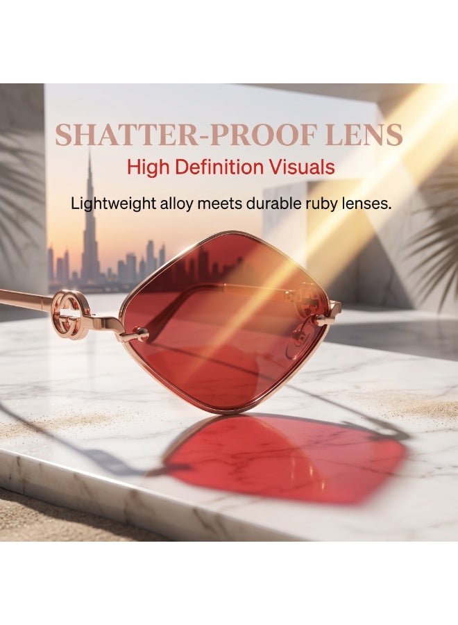 Chic Women Metal Small Frame Sunglasses, Half Frame Diamond Shape Fashion Eyewear, Comes with Glasses Storage Box, Versatile Shades for Street Outfits & Party Occasions - Image 5