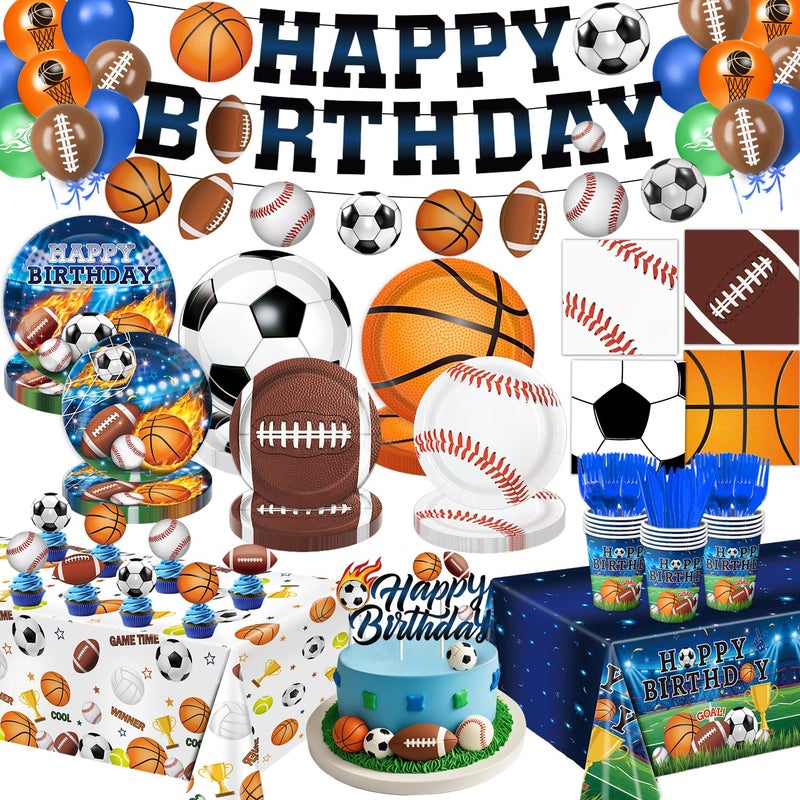 LINHAXM 191 PCS Sports Birthday Party Decorations Includes Plates, Napkins, Cups, Knives, Forks, Banner, Cake & Cupcake Toppers, Tablecloth for Sports Themed Party Decorations, Serves 24 - Image 1