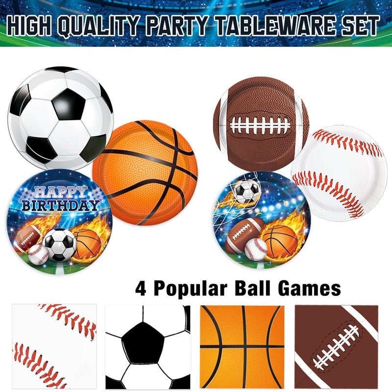 LINHAXM 191 PCS Sports Birthday Party Decorations Includes Plates, Napkins, Cups, Knives, Forks, Banner, Cake & Cupcake Toppers, Tablecloth for Sports Themed Party Decorations, Serves 24 - Image 3
