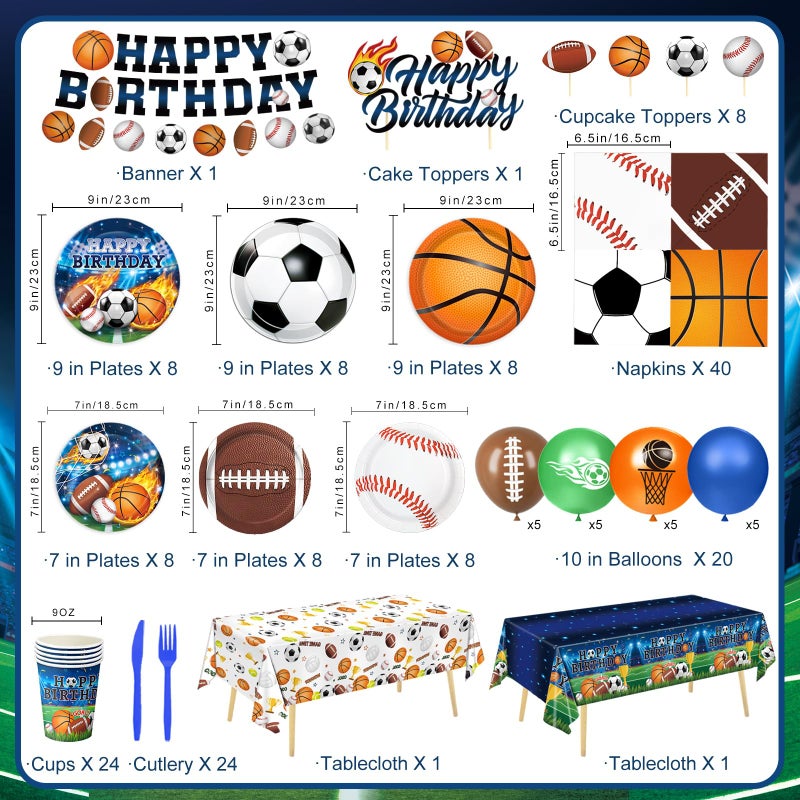LINHAXM 191 PCS Sports Birthday Party Decorations Includes Plates, Napkins, Cups, Knives, Forks, Banner, Cake & Cupcake Toppers, Tablecloth for Sports Themed Party Decorations, Serves 24 - Image 2