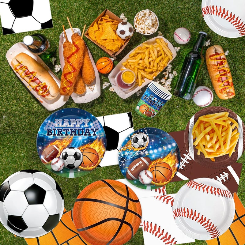 LINHAXM 191 PCS Sports Birthday Party Decorations Includes Plates, Napkins, Cups, Knives, Forks, Banner, Cake & Cupcake Toppers, Tablecloth for Sports Themed Party Decorations, Serves 24 - Image 4