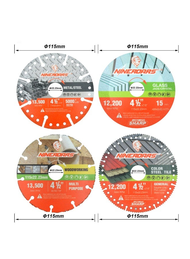 NINEROARS 4 Pieces 4.5 inch Vacuum Brazed Diamond Saw Blades  Set for Angle Grinder cutting Wood, PVC, Tile, Ceramic,Steel, Metal, Glass,Concrete,Marble - Image 2
