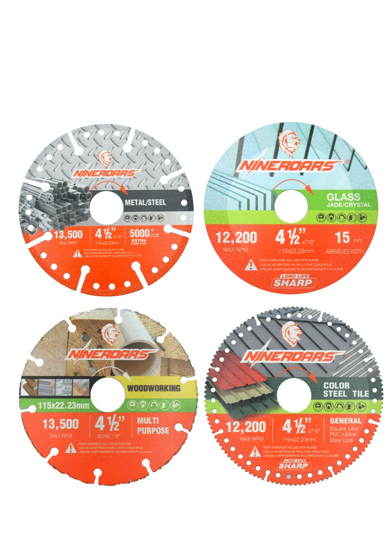 NINEROARS 4 Pieces 4.5 inch Vacuum Brazed Diamond Saw Blades  Set for Angle Grinder cutting Wood, PVC, Tile, Ceramic,Steel, Metal, Glass,Concrete,Marble - Image 1