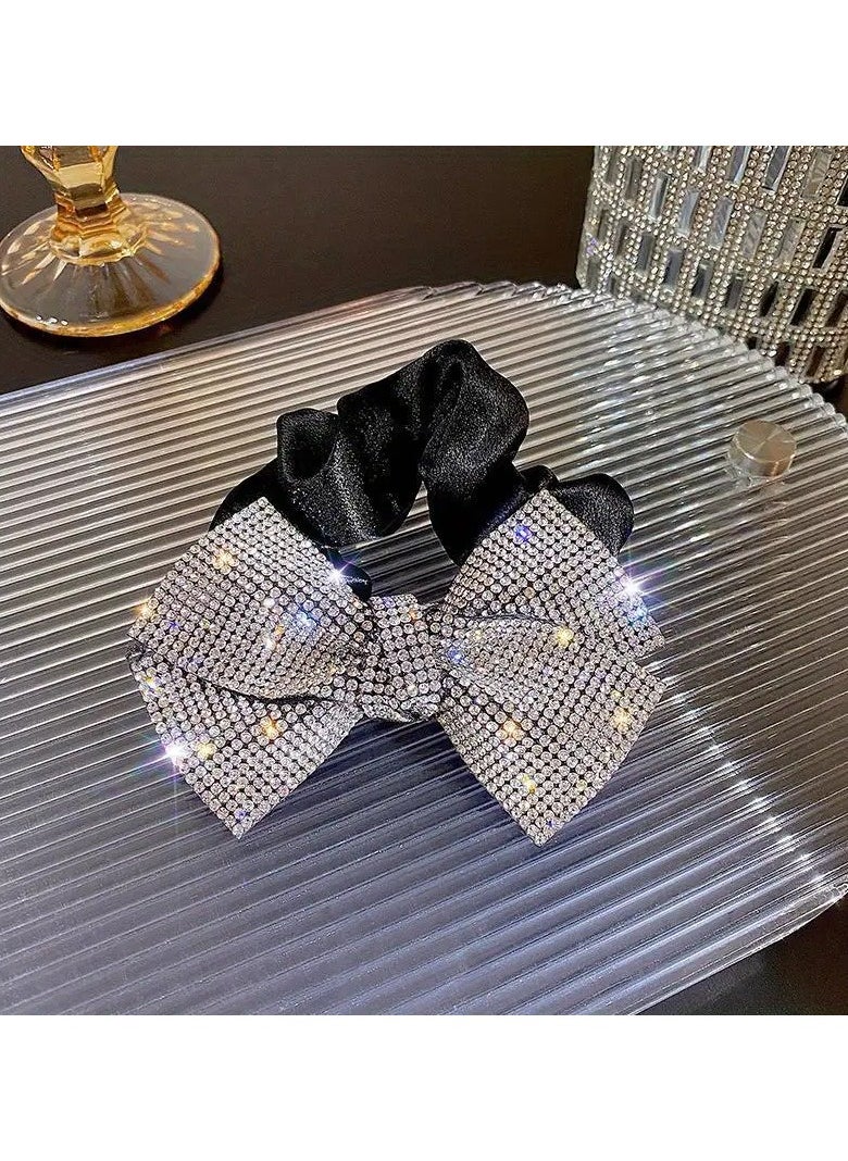 Goolsky Elegant Rhinestone Bow Scrunchie - Sparkling Crystal Hair Tie with Non-Slip Design, Chic Fabric Ponytail Holder for Women and Girls, Ponytail Hair Ties  - Image 1
