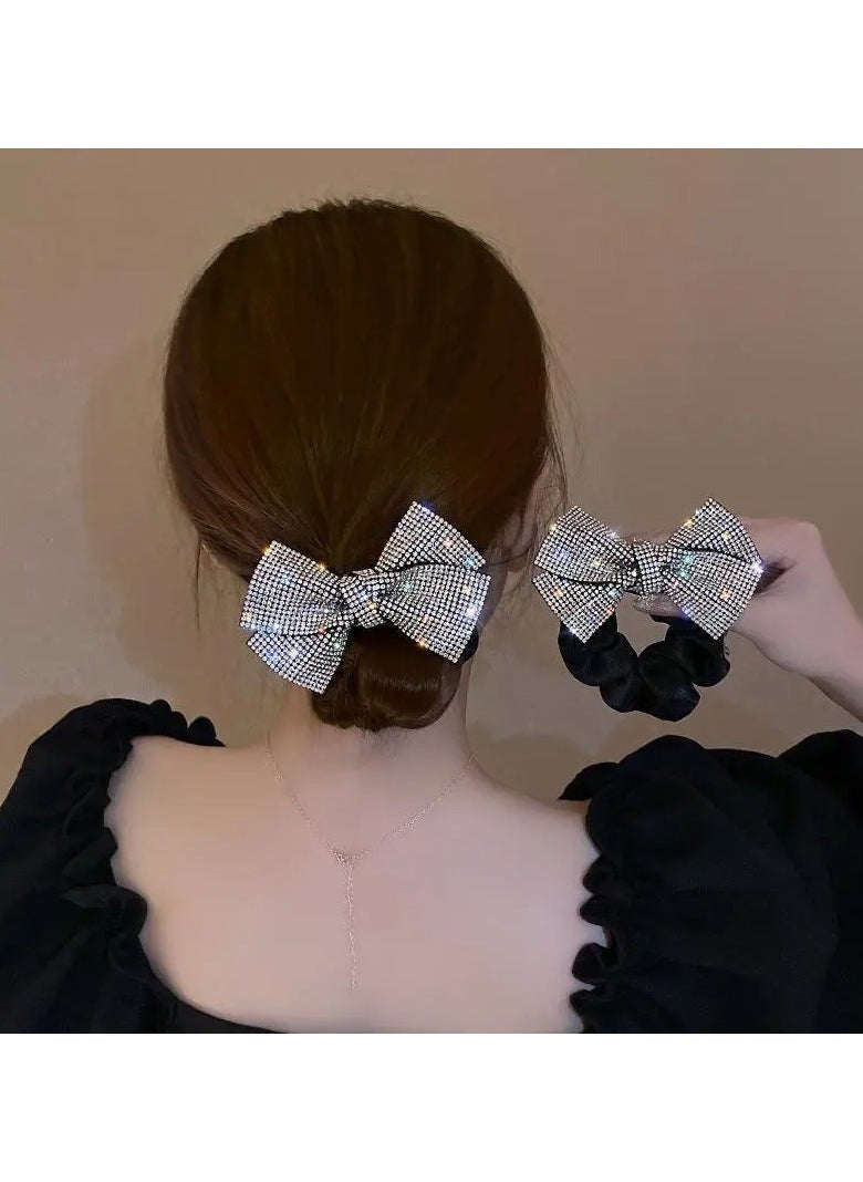 Goolsky Elegant Rhinestone Bow Scrunchie - Sparkling Crystal Hair Tie with Non-Slip Design, Chic Fabric Ponytail Holder for Women and Girls, Ponytail Hair Ties  - Image 4