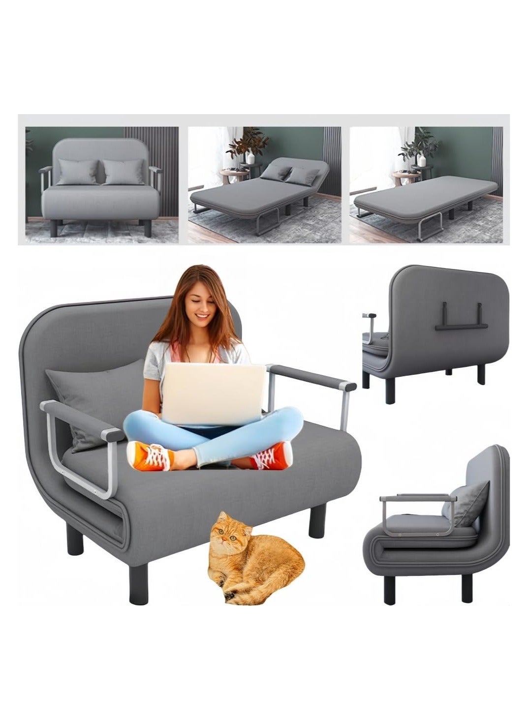 Folding Chair Bed Convertible Sleeper Sofa Floor Chair Lounge Couches, Folding Bed with 3-Position Adjustable Backrest 2 Pillow Handrail, Cozy Futon Chair for Living Room Office 100cm*190cm