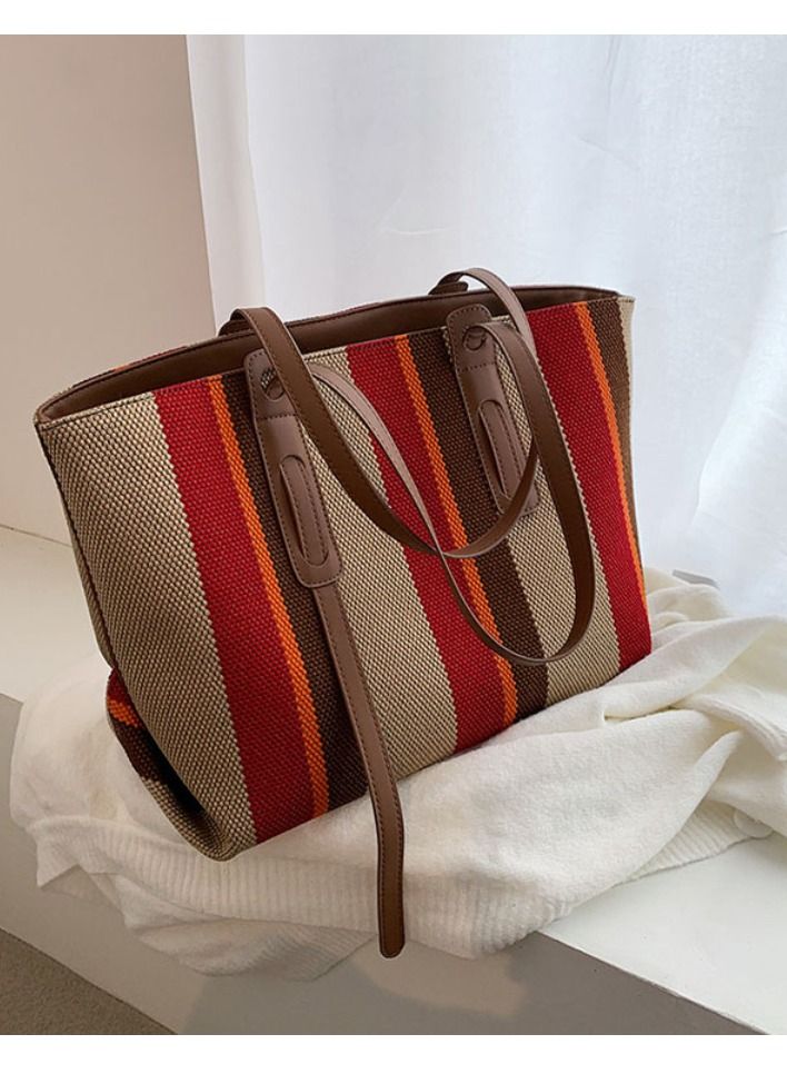 Rup Art Women Big Bag  Contrast Color Portable Shoulder Bag Korean Version Of The Vertical Stripe Tote Bag Rup Art  - Image 2