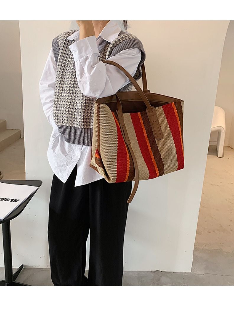 Rup Art Women Big Bag  Contrast Color Portable Shoulder Bag Korean Version Of The Vertical Stripe Tote Bag Rup Art  - Image 5