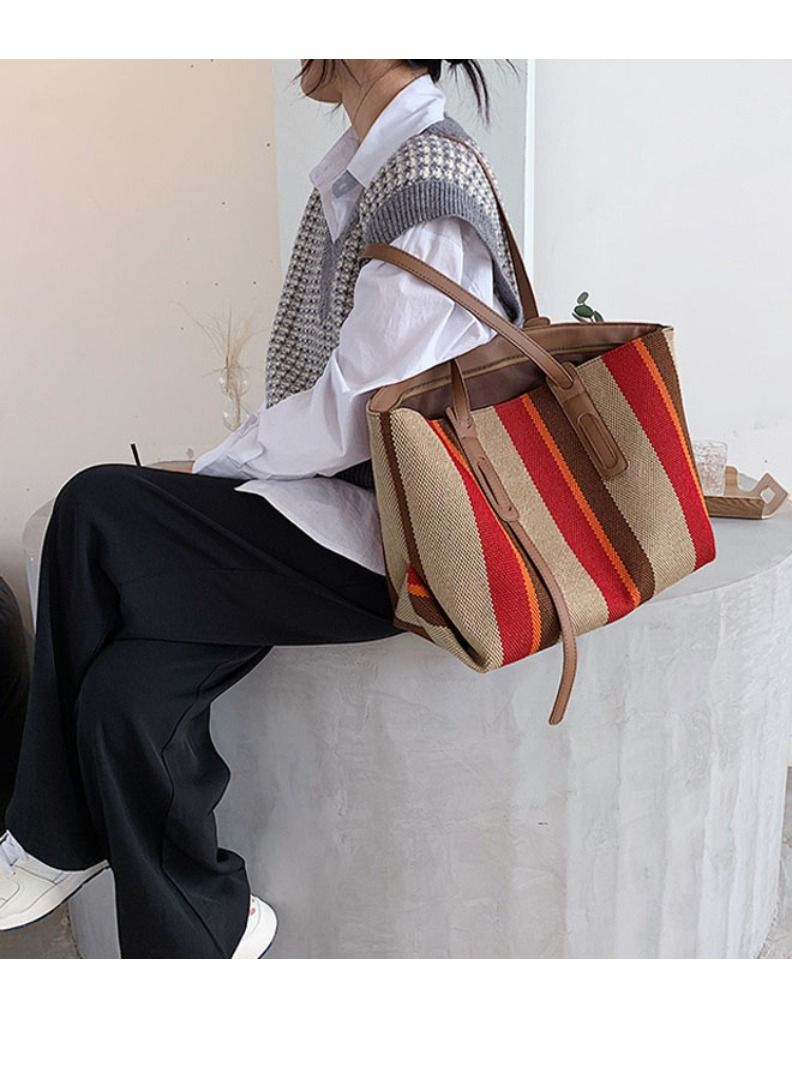 Rup Art Women Big Bag  Contrast Color Portable Shoulder Bag Korean Version Of The Vertical Stripe Tote Bag Rup Art  - Image 4