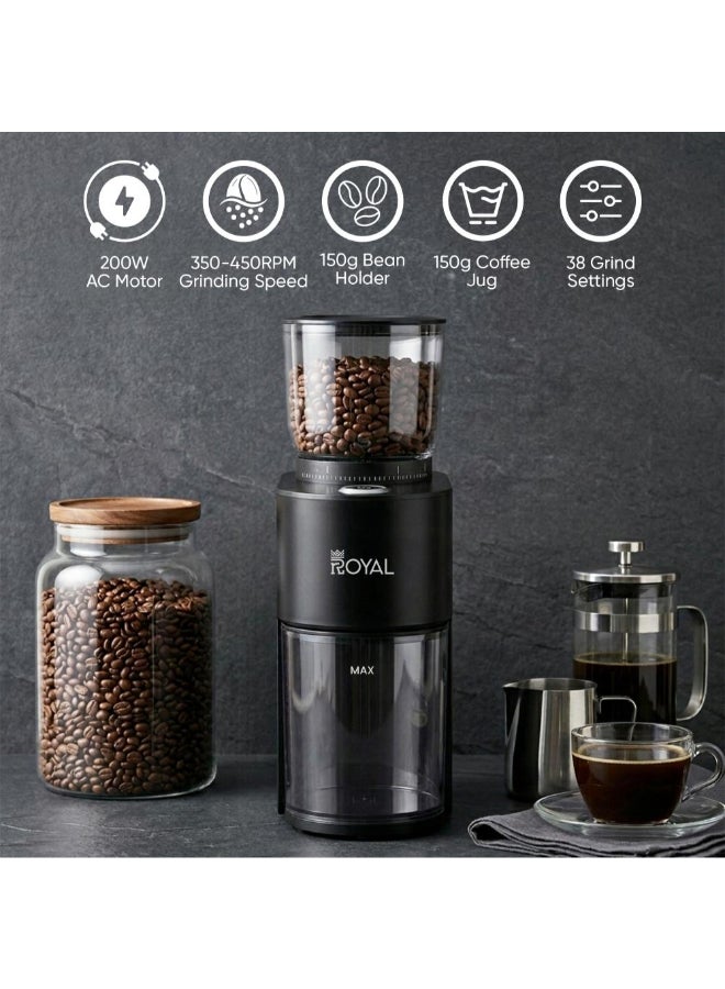 Royal Coffee Grinder, 200W Powerful pro max AC Motor (350–450 RPM) – 38 Precision Conical Burr Coffee Grind Settings for Perfect Consistency, 150g Bean Capacity, 1–10 Cup in seconds – Gentle Low-Heat Grinding for Espresso, V60, Drip, Pour Over, Cold Brew & French Press, V12 Premium 200 W RA-CGP1816 200 W RA-CGP1816 - Image 2