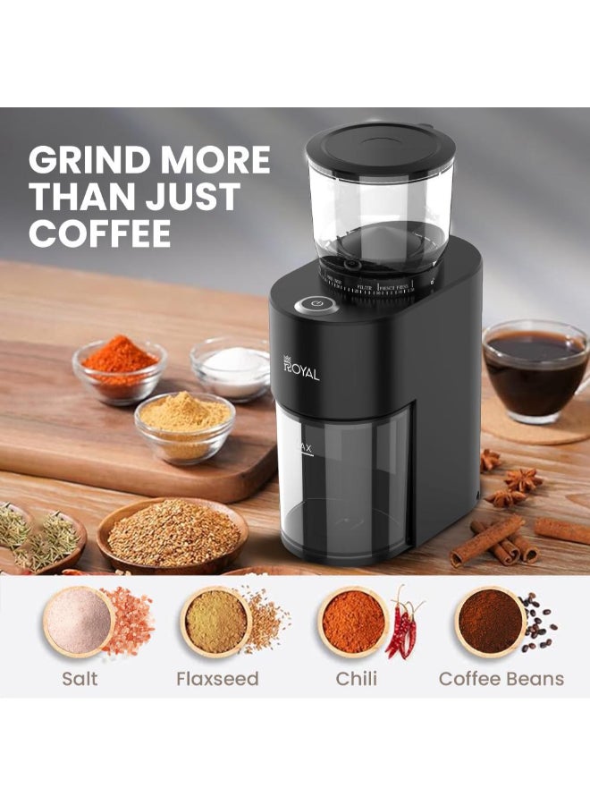 Royal Coffee Grinder, 200W Powerful pro max AC Motor (350–450 RPM) – 38 Precision Conical Burr Coffee Grind Settings for Perfect Consistency, 150g Bean Capacity, 1–10 Cup in seconds – Gentle Low-Heat Grinding for Espresso, V60, Drip, Pour Over, Cold Brew & French Press, V12 Premium 200 W RA-CGP1816 200 W RA-CGP1816 - Image 4