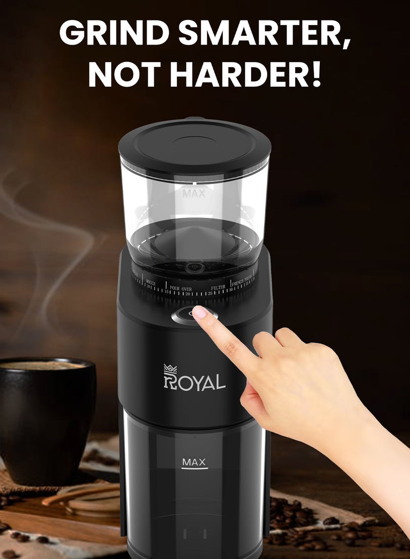 رويال مطحنة القهوة Royal ذات التروس المخروطية (Conical Burr) بقوة 200 واط | 38 مستوى للطحن، تروس فولاذية بقطر 40 مم، محرك منخفض السرعة، مؤقت مدمج (لتحضير 1-10 أكواب) وسعة 160 جم ​​لحبوب القهوة | مناسبة للإسبريسو، والتقطير (Pour Over)، والكبس الفرنسي (French Press)، والتحضير البارد (Cold Brew) | RA-CGP1816 200 W RA-CGP1816 - Image 2