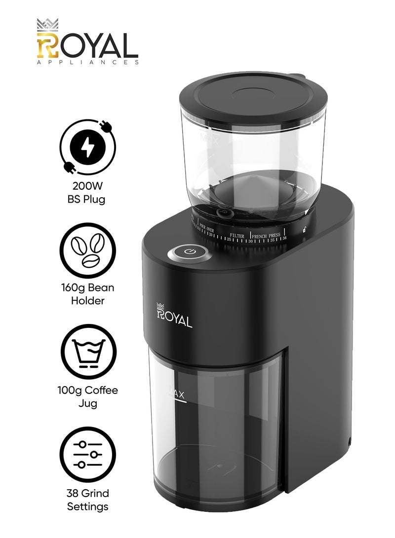 رويال مطحنة القهوة Royal ذات التروس المخروطية (Conical Burr) بقوة 200 واط | 38 مستوى للطحن، تروس فولاذية بقطر 40 مم، محرك منخفض السرعة، مؤقت مدمج (لتحضير 1-10 أكواب) وسعة 160 جم ​​لحبوب القهوة | مناسبة للإسبريسو، والتقطير (Pour Over)، والكبس الفرنسي (French Press)، والتحضير البارد (Cold Brew) | RA-CGP1816 200 W RA-CGP1816 - Image 1