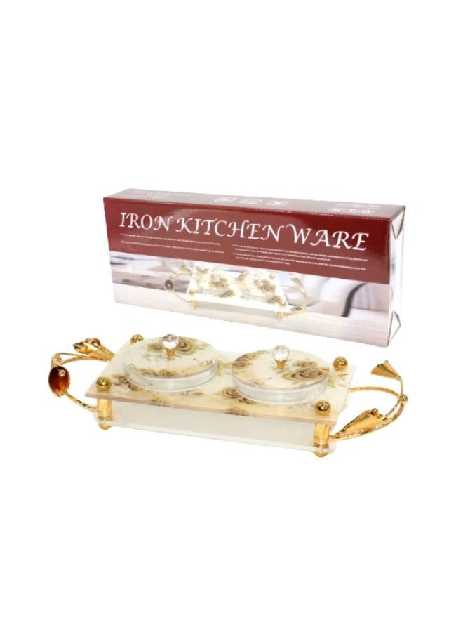 Double rectangular serving plate with a golden stand 