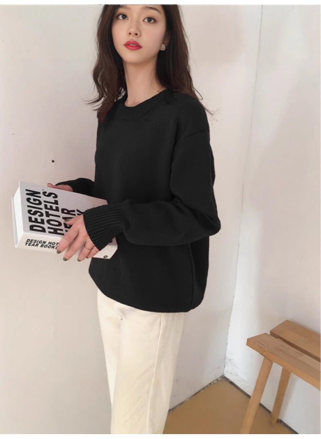 Leyuan Autumn Winter Outfit Coat Lazy Loose Solid Color Slimming Cardigan Pullover Round Neck Women's Sweater - Image 4
