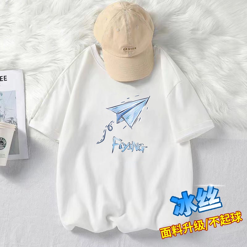 تي شيرت صيفي جديد بأكمام قصيرة للرجال والنساء بتصميم رقبة دائرية وملمس بارد، قماش حرير جليدي، صيف 2024 - Image 3