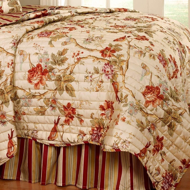 Waverly Charleston Chirp 4 Piece Quilt Set - 100% Cotton Light Weight Bedding with Bed Skirt & 2 Pillow Shams - Full/Queen Papaya - Image 3