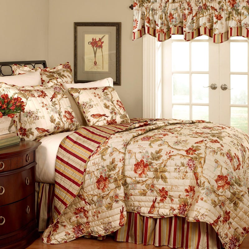 Waverly Charleston Chirp 4 Piece Quilt Set - 100% Cotton Light Weight Bedding with Bed Skirt & 2 Pillow Shams - Full/Queen Papaya - Image 1