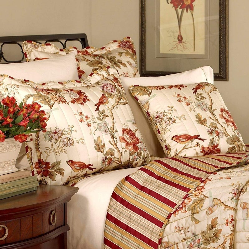 Waverly Charleston Chirp 4 Piece Quilt Set - 100% Cotton Light Weight Bedding with Bed Skirt & 2 Pillow Shams - Full/Queen Papaya - Image 2