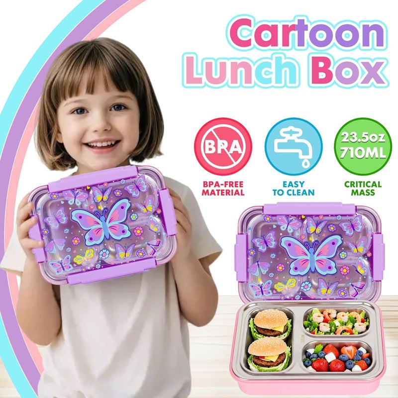 PowerKing Stainless Steel Bento Lunch Box for Kids, 710ml/23.5oz BPA-Free Leak-Proof Children Food Containers with 3 Compartments, Back to School Students Daycare Lunches Snack Container Size for Age 4-8 - Image 2