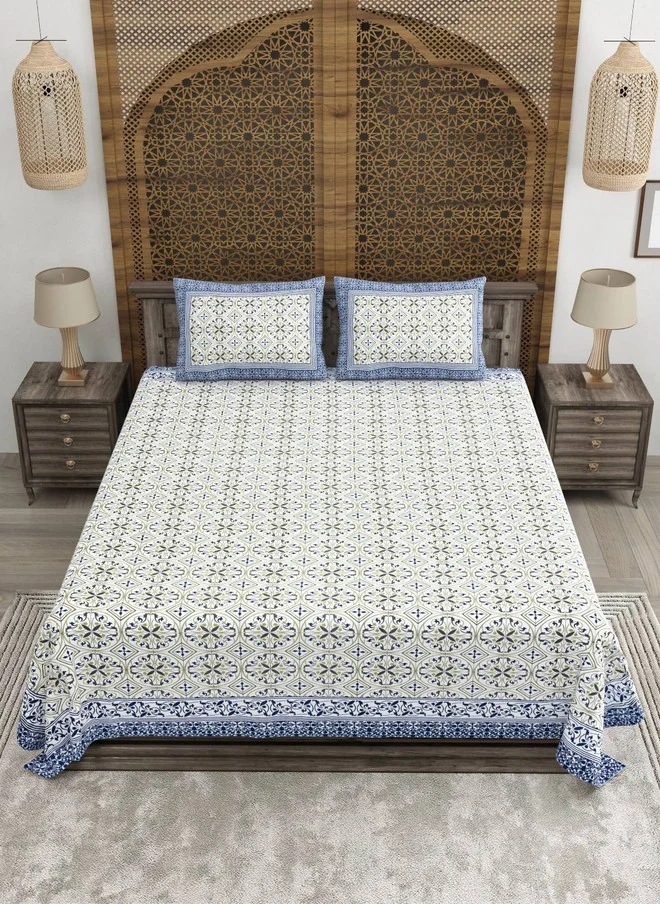 CLOTHOLOGY CLOTHOLOGY Olive & White Printed Pure Cotton 180 TC King Bedsheet Set