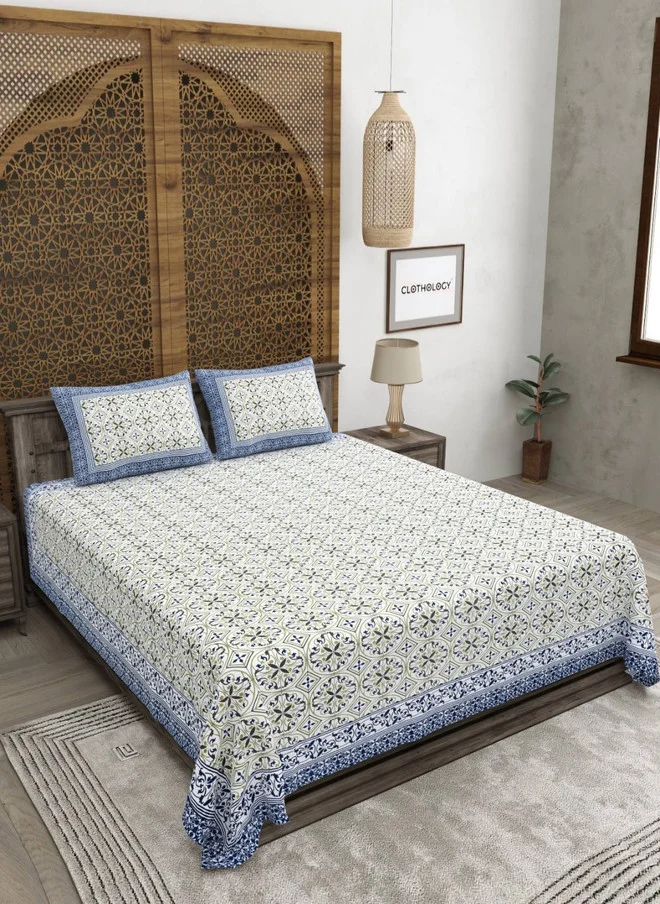 CLOTHOLOGY CLOTHOLOGY Olive & White Printed Pure Cotton 180 TC King Bedsheet Set