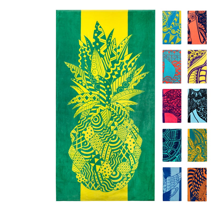 Nova Blue Pineapple Beach Towel  Yellow and Green with A Tropical Design Extra Large XL 34X 63 Tropical Fruit Yellow Beach Towel with Unique Design Made from 100 Cotton