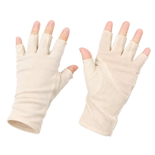 JURUAA Mens Sunblock Fingerless Gloves Summer UV Protection Driving Cotton Gloves Beige 4 - Image 1