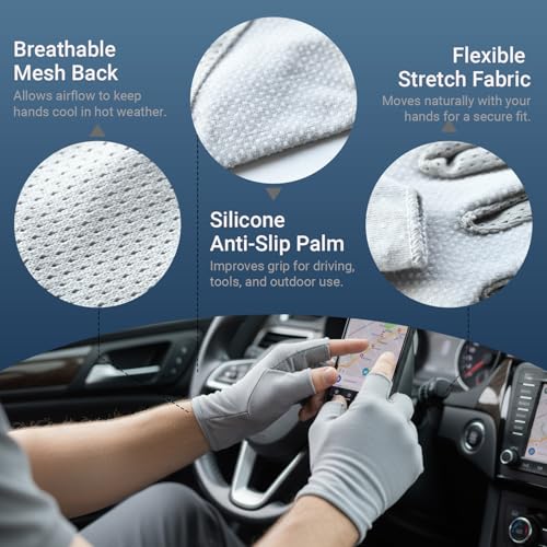 JURUAA Mens Sunblock Fingerless Gloves Summer UV Protection Driving Cotton Gloves Beige 4 - Image 4