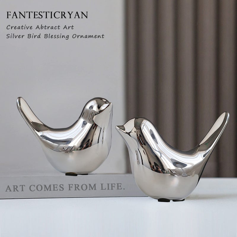 FANTESTICRYAN Small Birds Statues Gold Home Decor Modern Style Figurine Decorative Ornaments for Living Room, Bedroom, Office Desktop, Cabinets (M&L, Silver) - Image 2