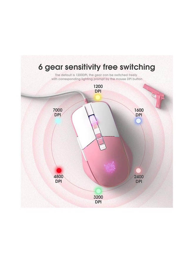 onikuma ONIKUMA CW916 Gaming Mouse - Optical Sensor  - Braided Cable - RGB Lighting - DPI Controll Button - 7 Buttons -White Pink  - Image 3