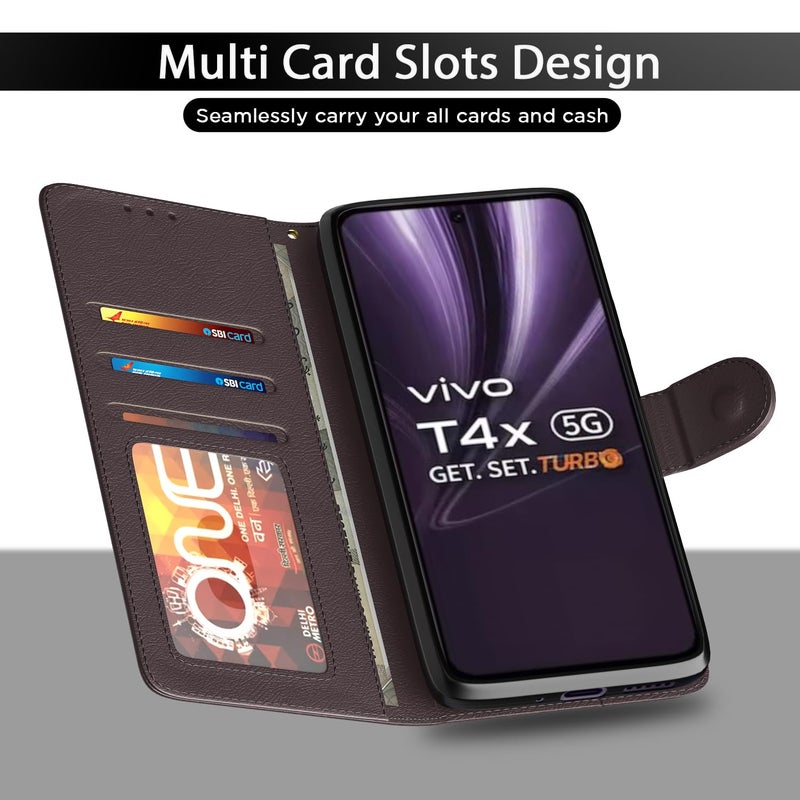 Pikkme غطاء فليب بيكم لفيفو T4x 5G / iQoo Z10x 5G بتشطيب جلدي | داخل TPU مع جيوب للبطاقات | حامل محفظة ومضاد للصدمات | غطاء فليب للحماية الكاملة (بني) - Image 5