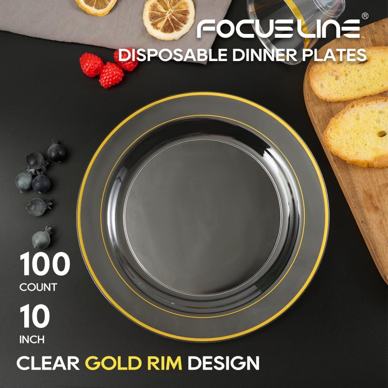 FOCUSLINE 100 Count 10 Inch Clear and Gold Plastic Plates  Disposable Heavy Duty Clear Plates with Gold Rim  Premium Hard Plastic Plate Fancy Disposable Dinner Plate for Wedding Parties - Image 2