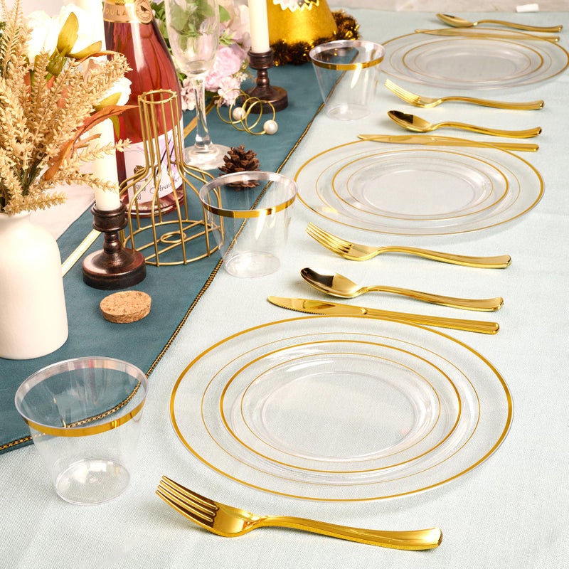 FOCUSLINE 100 Count 10 Inch Clear and Gold Plastic Plates  Disposable Heavy Duty Clear Plates with Gold Rim  Premium Hard Plastic Plate Fancy Disposable Dinner Plate for Wedding Parties - Image 5