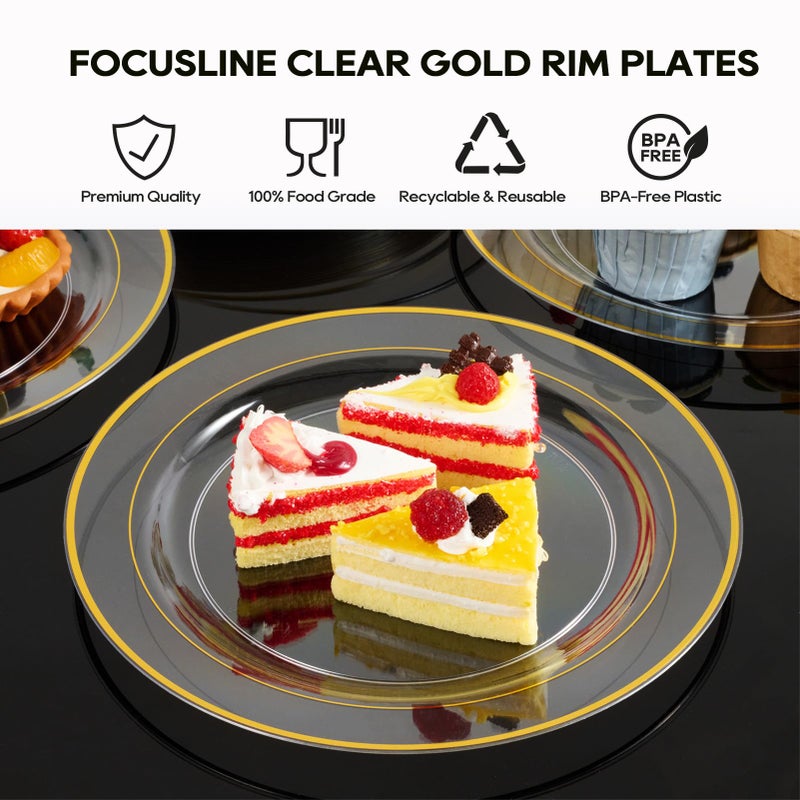FOCUSLINE 100 Count 10 Inch Clear and Gold Plastic Plates  Disposable Heavy Duty Clear Plates with Gold Rim  Premium Hard Plastic Plate Fancy Disposable Dinner Plate for Wedding Parties - Image 4