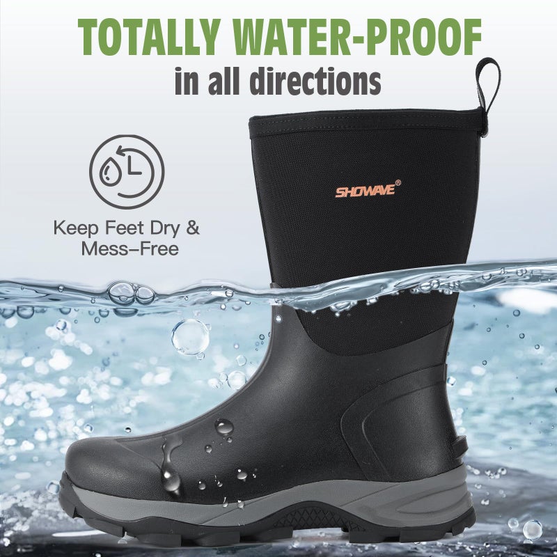 Showave Men's Rubber Boots Durable Waterproof Insulated Rain Boot Neoprene Heavy-duty Mud Outdoor Garden Working Hunting Boots(Black 7) - Image 4