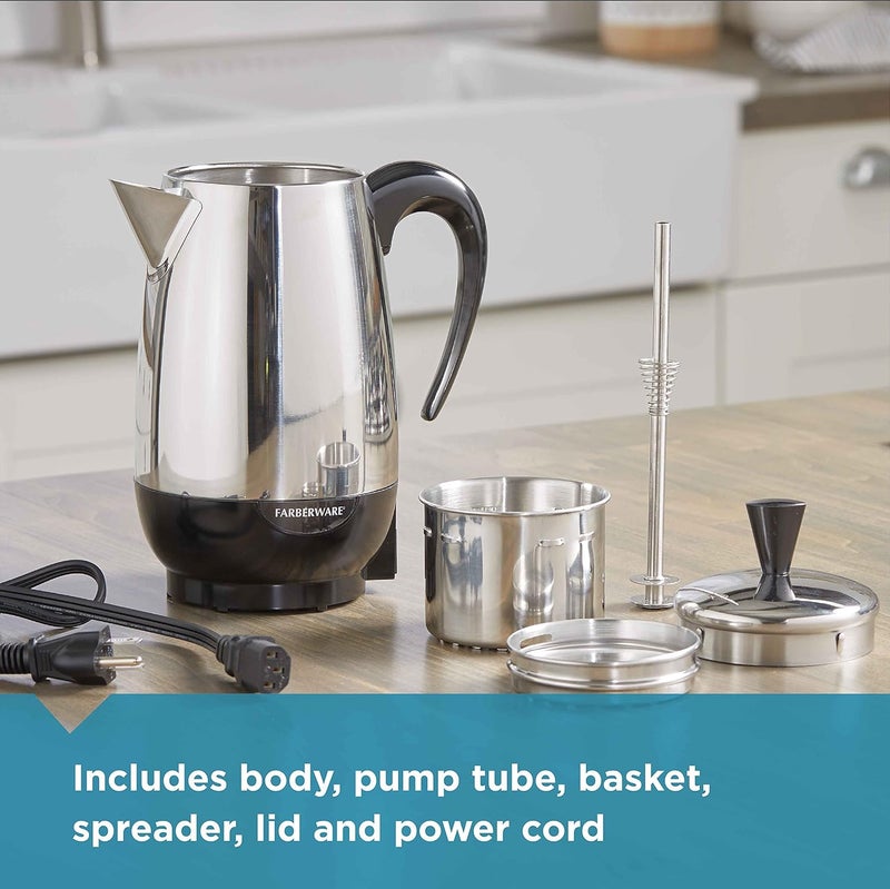 Farberware Electric Coffee Percolator, Stainless Steel Basket, Automatic Keep Warm, No-Drip Spout, 8 Cup - Image 4