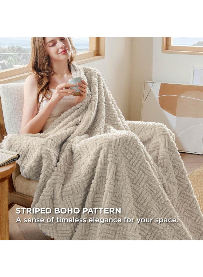 Bedsure Bedsure Fall Linen Throw Blanket for Couch - Beige Jacquard Super Soft Cozy Boho Blankets for Women Men, Cute Small Blanket for Bed Sofa, Gift, Home Decor, 50x60 Inches  - Image 3